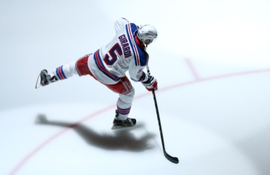 Apr 23, 2016; Pittsburgh, PA, USA; New York Rangers defenseman Dan Girardi (5) twarms up before playing the Pittsburgh Penguins in game five of the first round of the 2016 Stanley Cup Playoffs at the CONSOL Energy Center. Mandatory Credit: Charles LeClaire-USA TODAY Sports